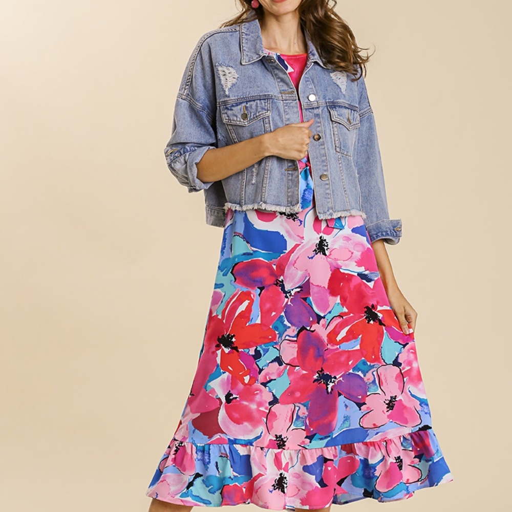 Floral Print Round Neck Short Ruffle Sleeves Maxi Dress with Waist Tie